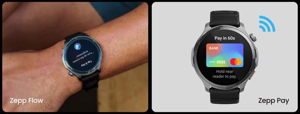Na obrazie widać smartwatch z czarnym paskiem, na którym wyświetlane są funkcje \'Zepp Flow\' i \'Zepp Pay\'. Ekran po lewej pokazuje tekst \'Zepp Flow\', a po prawej \'Pay in 60s\' oraz obraz karty płatniczej z napisem \'Hold near reader to pay\'.