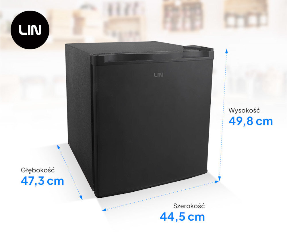 Czarna zamrażarka marki LIN o wymiarach: głębokość 47,3 cm, szerokość 44,5 cm, wysokość 49,8 cm. Widoczne logo LIN na przedniej części urządzenia.