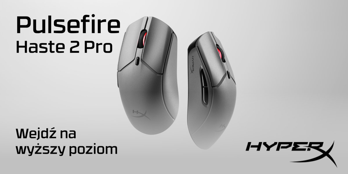 Obraz przedstawia dwie szare myszy komputerowe z czerwonymi elementami na przyciskach. Widoczny jest tekst: \'Pulsefire Haste 2 Pro\', \'Wejdź na wyższy poziom\' oraz logo \'HYPERX\'.