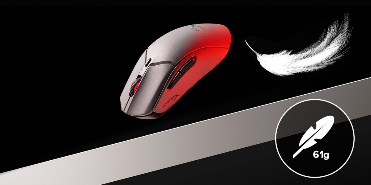 Na obrazie widoczna jest mysz komputerowa z czerwonym podświetleniem oraz pióro z napisem \'61g\' w okręgu. Logo producenta to \'HYPERX\'.