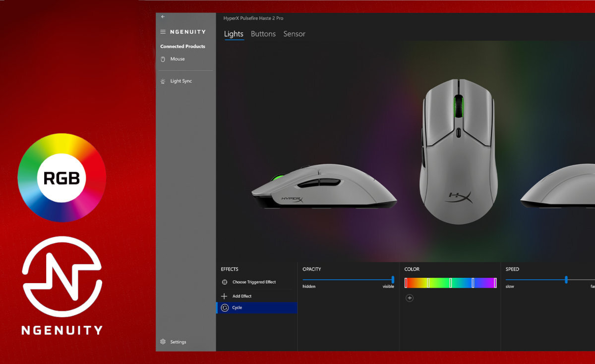 Interfejs oprogramowania NGENUITY z widokiem na mysz HYPERX Pulsefire Haste 2 Pro, z opcjami ustawień oświetlenia RGB. Po lewej stronie widoczne są logo RGB i NGENUITY.