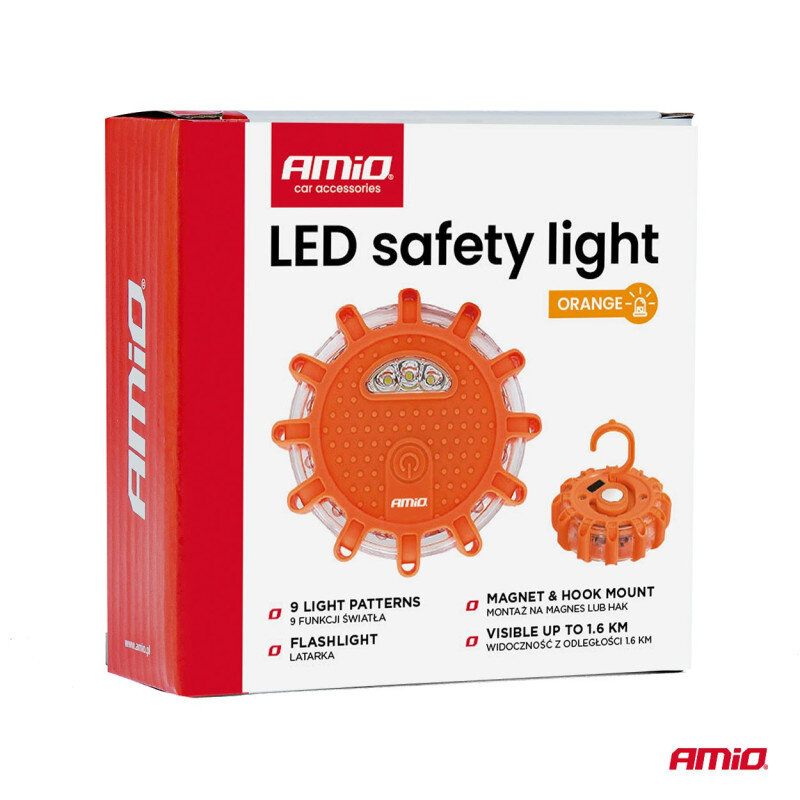 Opakowanie produktu z napisem \'AMiO LED safety light\' oraz zdjęciem pomarańczowej lampy ostrzegawczej. Widoczne są funkcje: 9 funkcji światła, latarka, montaż na magnes lub hak, widoczność z odległości 1,6 km.