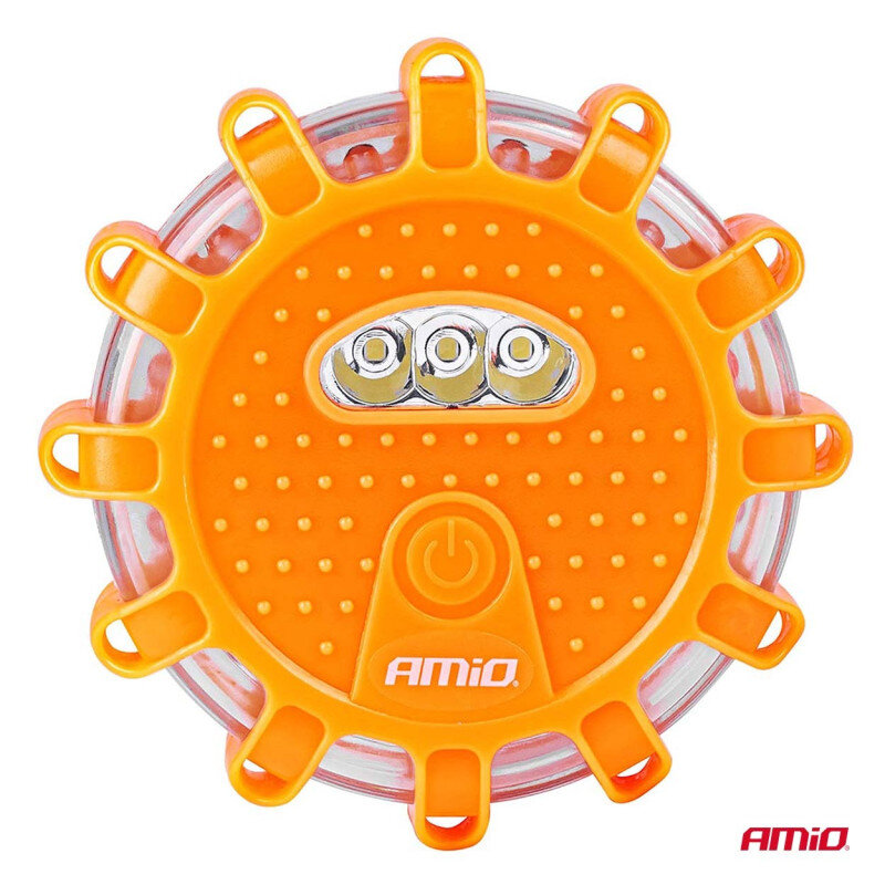 Pomarańczowa lampa ostrzegawcza z trzema widocznymi diodami LED i przyciskiem zasilania. Na lampie widoczne jest logo \'AMiO\'.