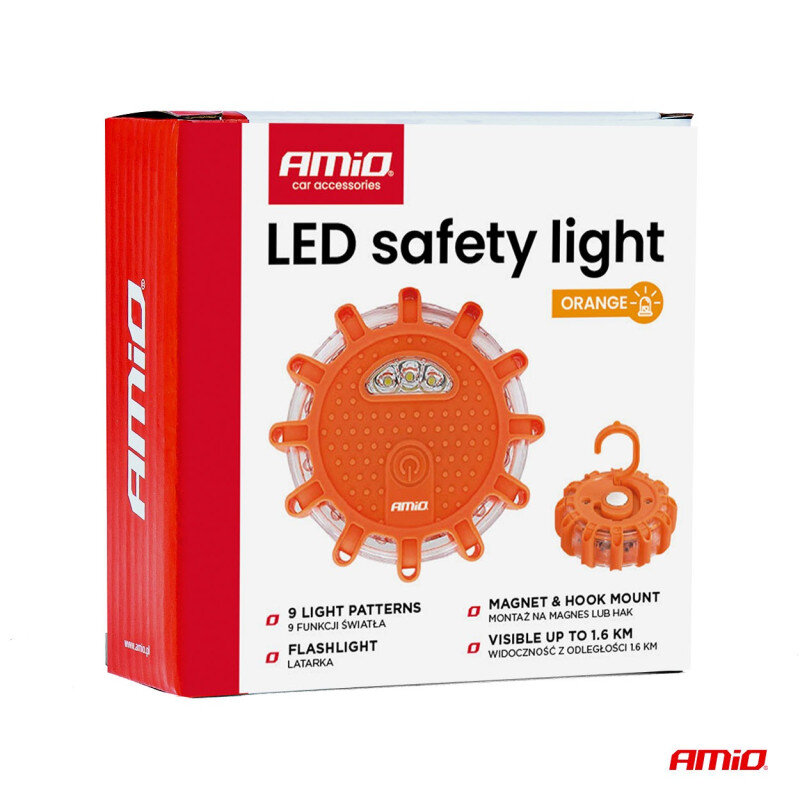Opakowanie produktu z napisem \'AMiO LED safety light\' oraz obrazem pomarańczowej lampy ostrzegawczej. Dodatkowe informacje to \'9 light patterns\', \'flashlight\', \'magnet & hook mount\', \'visible up to 1.6 km\'.