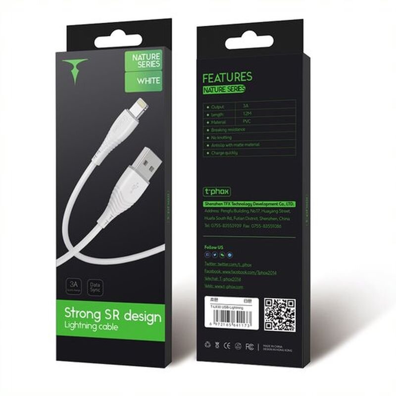 Opakowanie kabla Lightning z serii Nature w kolorze białym, o długości 1,2 m i natężeniu 3A. Na opakowaniu widoczne są informacje o cechach produktu oraz logo t\'phox.