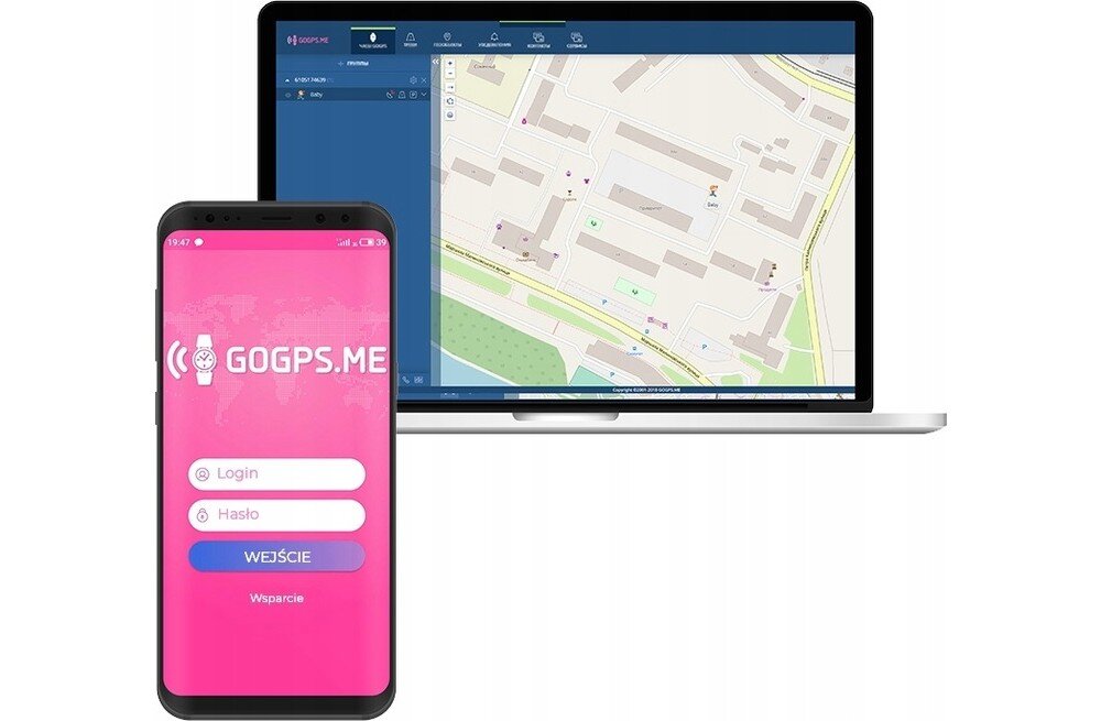 Obraz przedstawia smartfon z aplikacją GOGPS.ME na różowym tle z polami do logowania oraz laptop z wyświetloną mapą. Na ekranie smartfona widoczne są pola \'Login\', \'Hasło\' i przycisk \'WEJŚCIE\'.