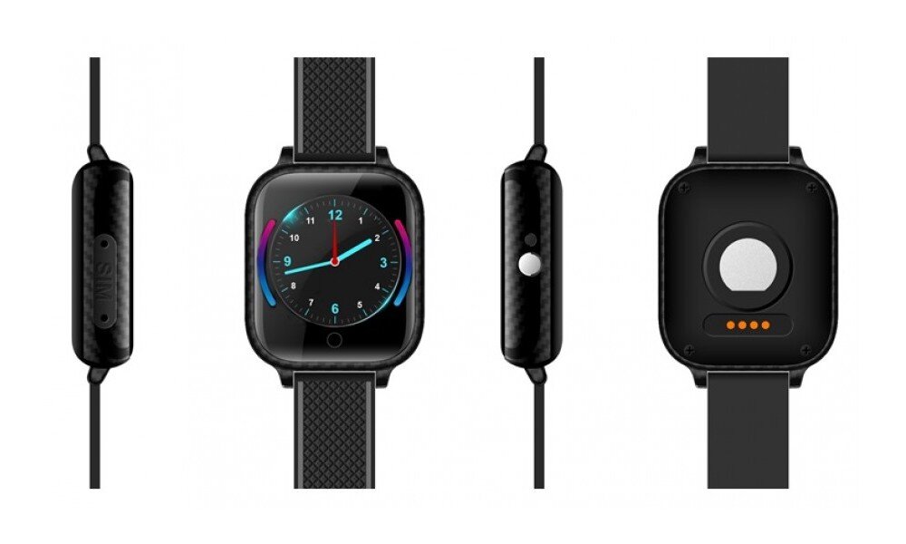 Obraz przedstawia czarny smartwatch z okrągłym wyświetlaczem, na którym widoczna jest tarcza zegara z kolorowymi akcentami. Zegarek pokazany jest z przodu, z boku i z tyłu, z widocznym paskiem o teksturowanej powierzchni.
