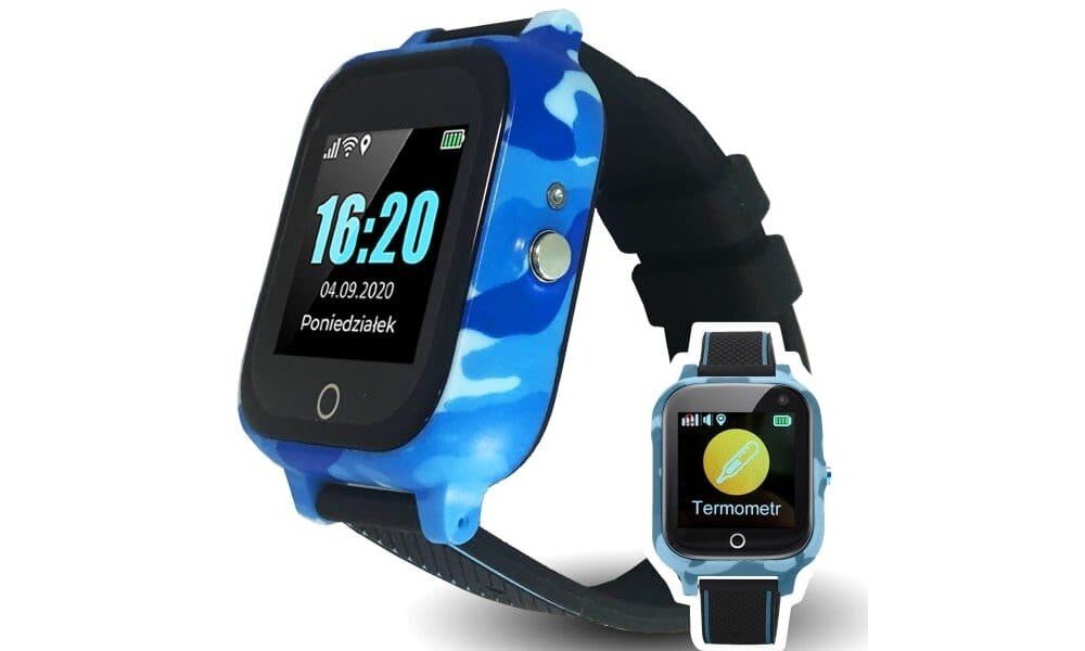 Na obrazie widoczny jest smartwatch z niebiesko-czarnym paskiem i wyświetlaczem pokazującym godzinę 16:20, datę 04.09.2020 oraz dzień tygodnia Poniedziałek. Obok znajduje się mniejszy obrazek tego samego modelu z aplikacją \'Termometr\' na ekranie.