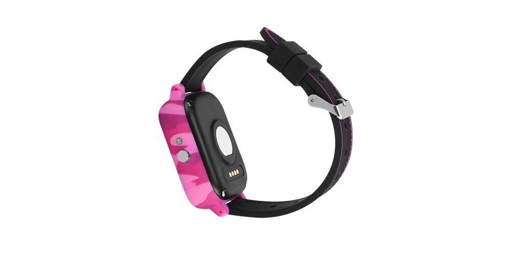 Smartwatch z różową obudową i czarnym paskiem, widoczny z boku. Posiada dwa przyciski i metalowe zapięcie na pasku.