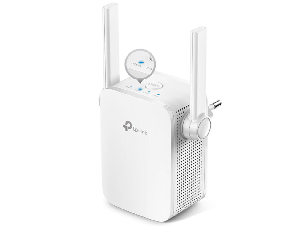 Biały wzmacniacz sieci TP-Link z dwoma antenami i logo TP-Link na przedniej części. Na górze urządzenia znajdują się trzy niebieskie diody oraz przycisk z napisem \'WPS\'.