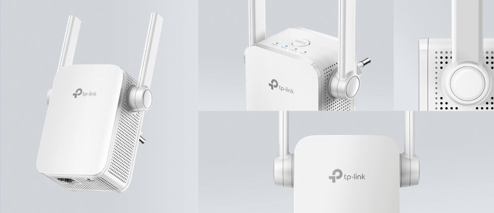 Na obrazie widoczny jest biały wzmacniacz sieci TP-LINK z dwoma antenami i logo \'tp-link\'. Urządzenie posiada kilka przycisków i wskaźników LED na górnej powierzchni.