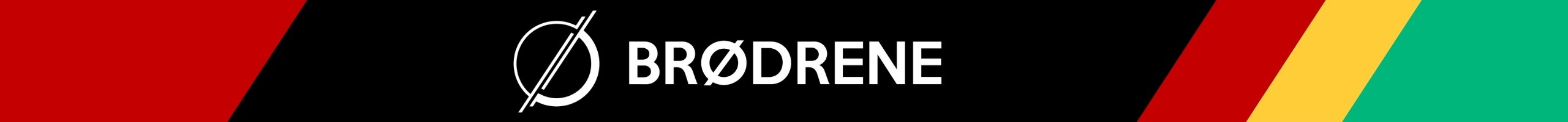 Logo z napisem \'BRØDRENE\' na czarnym tle z kolorowymi paskami po bokach.