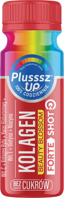 Butelka suplementu diety Plusssz Up Kolagen Beauty Blossom Forte Shot z kolorową etykietą i napisem \'Bez dodatku cukrów\'.