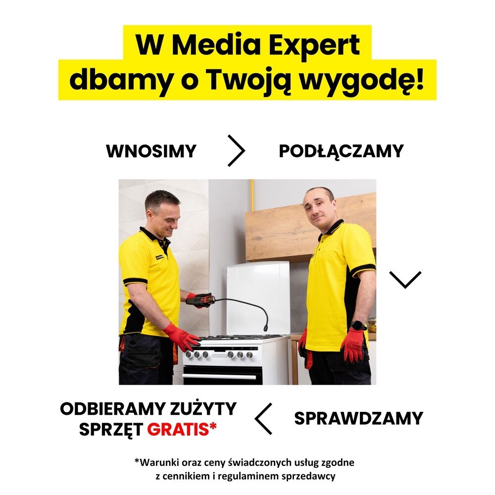 Dwóch mężczyzn w żółtych koszulkach i czerwonych rękawicach stoi przy kuchence. Tekst na obrazie: \'W Media Expert dbamy o Twoją wygodę! WNOSIMY > PODŁĄCZAMY ODBIERAMY ZUŻYTY SPRZĘT GRATIS* < SPRAWDZAMY *Warunki oraz ceny świadczonych usług zgodne z cennikiem i regulaminem sprzedawcy\'.