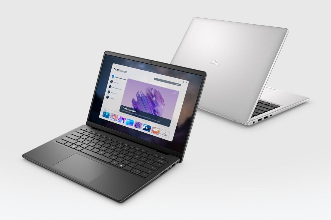 Na obrazie widoczne są dwa laptopy, jeden otwarty z wyświetlonym ekranem, drugi zamknięty. Na ekranie otwartego laptopa widać interfejs z aplikacjami i grafiką, a na zamkniętym laptopie znajduje się logo producenta.