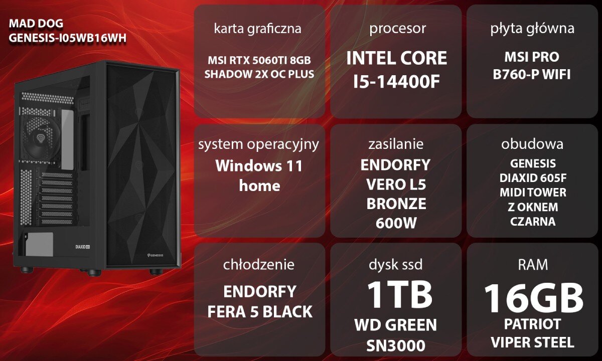 Obraz przedstawia komputer MAD DOG GENESIS-I05WB16WH oraz specyfikację techniczną: karta graficzna MSI RTX 5060Ti 8GB, procesor Intel Core i5-14400F, płyta główna MSI PRO B760-P WIFI, system operacyjny Windows 11 Home, zasilanie ENDORFY Vero L5 Bronze 600W, obudowa Genesis Diaxid 605F, chłodzenie ENDORFY Fera 5 Black, dysk SSD 1TB WD Green SN3000, RAM 16GB Patriot Viper Steel.