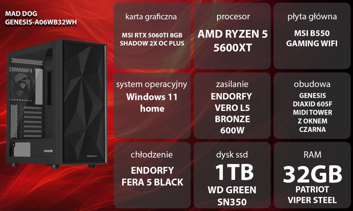Obraz przedstawia komputer z obudową Genesis, z opisem specyfikacji: karta graficzna MSI RTX 5060Ti 8GB, procesor AMD Ryzen 5 5600XT, płyta główna MSI B550 Gaming WiFi, system operacyjny Windows 11 Home, zasilanie Endorfy Vero L5 Bronze 600W, chłodzenie Endorfy Fera 5 Black, dysk SSD 1TB WD Green SN350, RAM 16GB Patriot Viper Steel.
