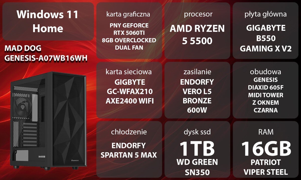 Komputer MAD DOG GENESIS-A07WB16WH Kobieta w słuchawkach grająca na komputerze stacjonarnym. Siedzi przy biurku z podświetlaną klawiaturą i monitorem, w tle niebiesko-żółte oświetlenie i regał, opis