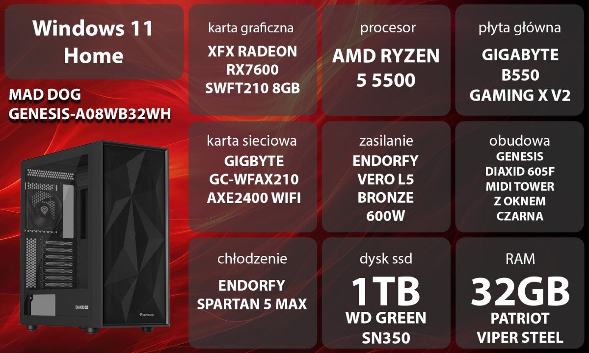 Komputer MAD DOG GENESIS-A08WB32WH Kobieta w słuchawkach grająca na komputerze stacjonarnym. Siedzi przy biurku z podświetlaną klawiaturą i monitorem, w tle niebiesko-żółte oświetlenie i regał, opis