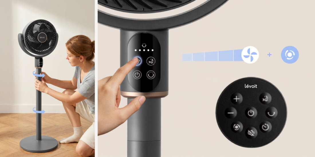 Wentylator LEVOIT CoreBreeze HEAPCFLVNEU0009Y zdjęcie lifestyle cichy wentylator szum na poziomie zaledwie 20 dB  tryb nocny likwiduje dwa problemy nocne 