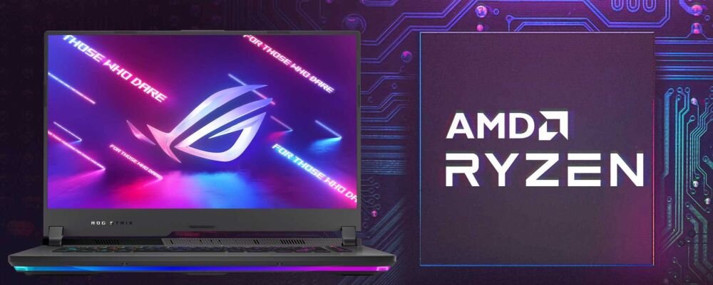 Obraz przedstawia laptop z logo ROG na ekranie oraz napisami \'THOSE WHO DARE\'. Obok znajduje się logo AMD RYZEN na tle przypominającym obwody elektroniczne.