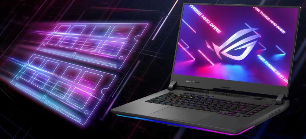 Obraz przedstawia laptop z podświetlaną klawiaturą i ekranem wyświetlającym logo ROG oraz tekst \'THOSE WHO DARE\'. Obok laptopa widoczna jest grafika przedstawiająca moduły pamięci RAM w neonowych kolorach.