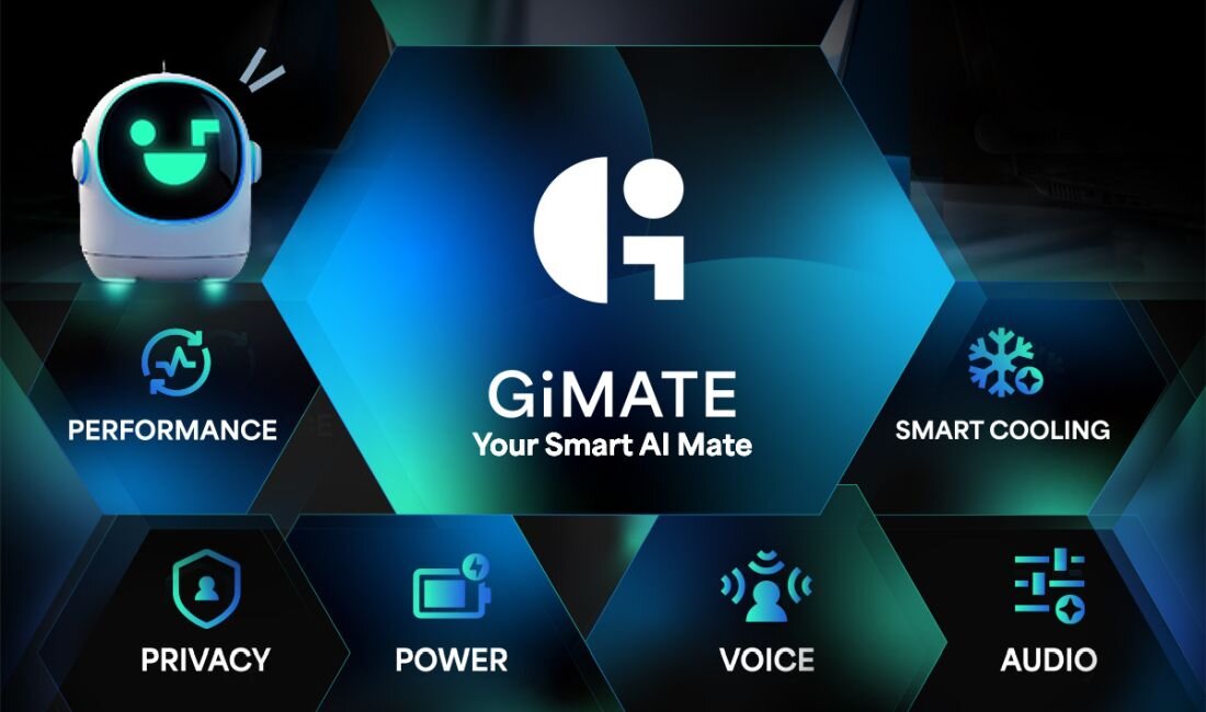 Grafika przedstawia logo \'GiMATE Your Smart AI Mate\' na tle niebieskich heksagonów z ikonami i napisami: PERFORMANCE, SMART COOLING, PRIVACY, POWER, VOICE, AUDIO. Po lewej stronie widoczna jest postać robota z uśmiechem.