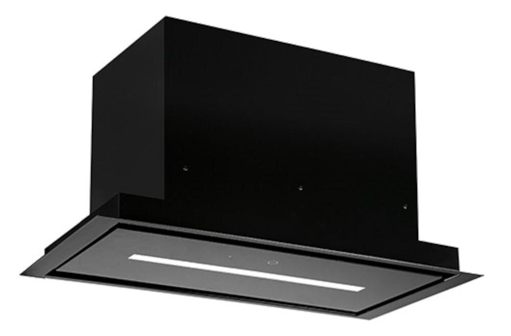 Czarny okap kuchenny z prostokątnym panelem i wbudowanym oświetleniem LED. Wykonany z czarnego szkła, ma nowoczesny design.