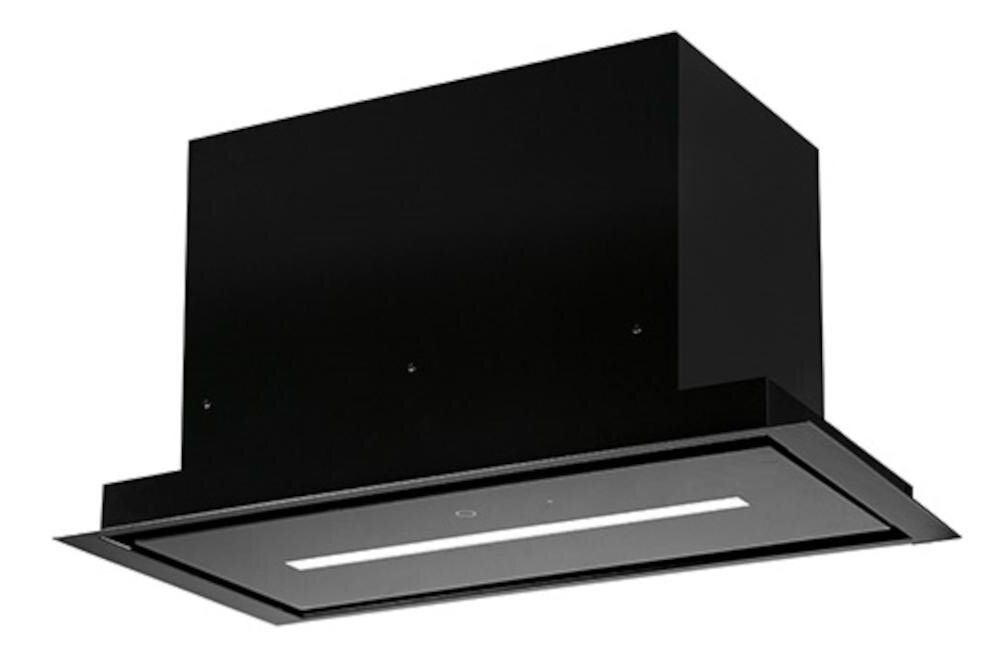 Czarny okap kuchenny z prostokątnym panelem i wbudowanym oświetleniem LED. Wykonany z czarnego szkła, ma nowoczesny design.