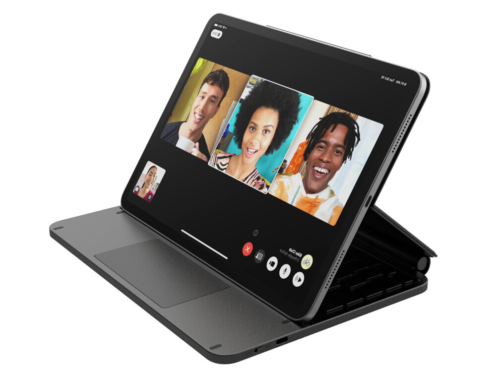 Obraz przedstawia tablet w etui z klawiaturą, na ekranie widoczna jest wideorozmowa z trzema osobami. Etui jest czarne i ma wbudowaną klawiaturę.