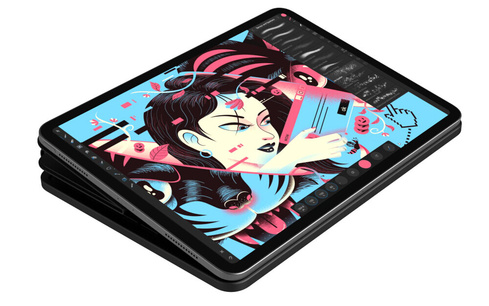 Tablet z wyświetlaczem przedstawiającym kolorową grafikę z postacią o ciemnych włosach i niebieskim tle. Na ekranie widoczne są różne narzędzia graficzne i ikony.
