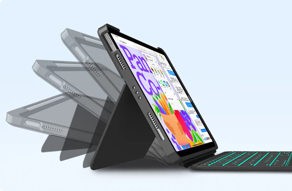 Obraz przedstawia etui na tablet z funkcją regulacji kąta nachylenia, z klawiaturą w kolorze czarnym. Na ekranie tabletu widoczne są kolorowe grafiki i teksty.