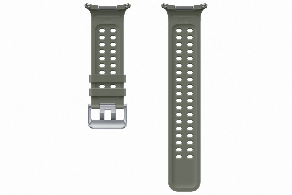 Oliwkowy pasek do zegarka z otworami wentylacyjnymi i metalową klamrą. Pasek jest przeznaczony do zegarka Galaxy Watch Ultra 2.
