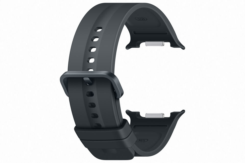 Czarny pasek do zegarka z kilkoma otworami regulacyjnymi i metalową klamrą. Pasek ma gładką powierzchnię i jest przeznaczony do zegarka Galaxy Watch.