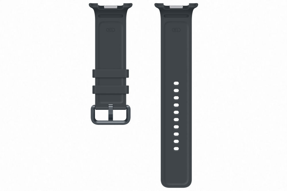 Czarny pasek do zegarka z zapięciem i regulowanymi otworami. Pasek jest przeznaczony do zegarka Galaxy Watch 9.