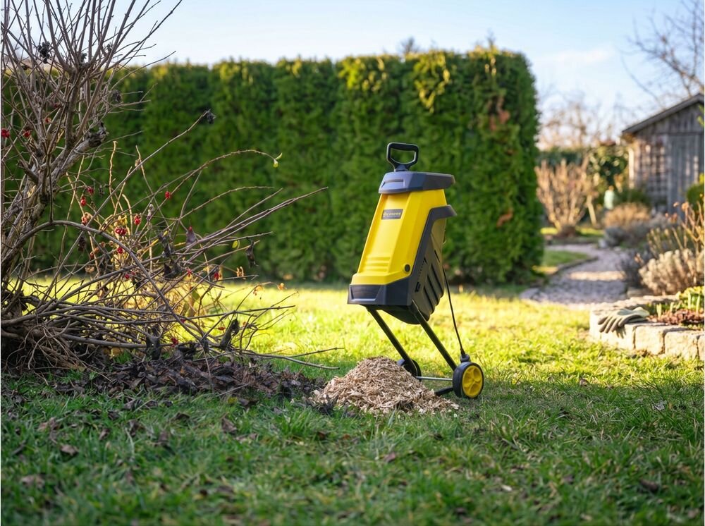 Rozdrabniacz do gałęzi KALTMANN K-RDG-2400 elektryczny 2400W średnica cięcia 45mm, rozdrabniacz, ogród, sprzątanie, gałęzie, Rozdrabniacz stojący w ogrodzie obok usypanej górki z zrębków.