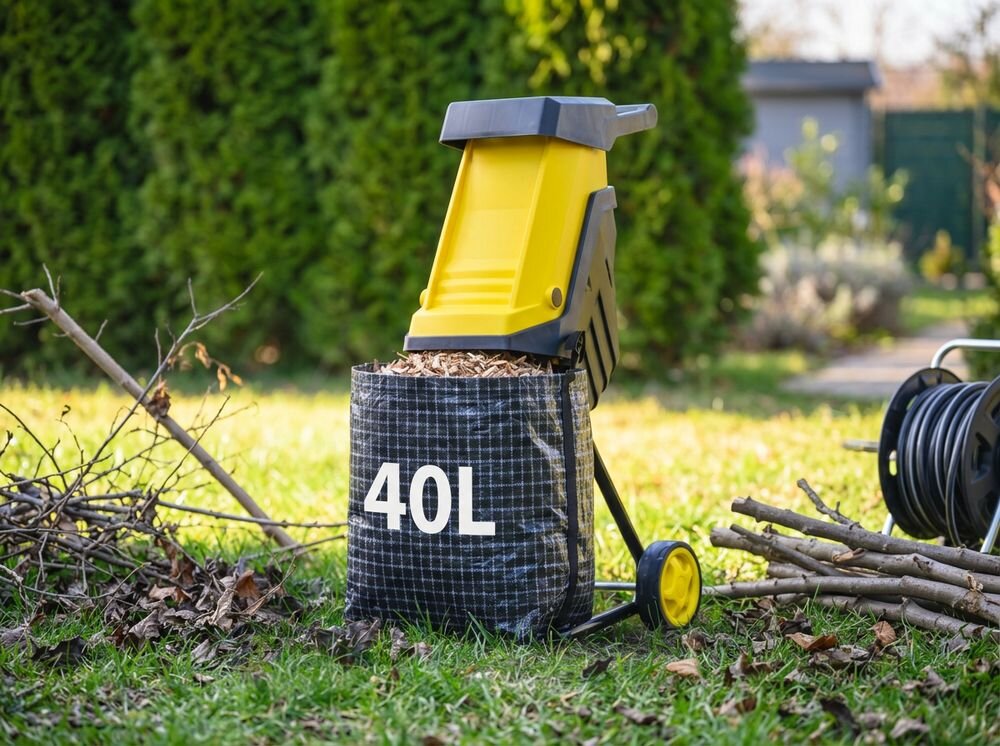Rozdrabniacz do gałęzi KALTMANN K-RDG-2400 elektryczny 2400W średnica cięcia 45mm, worek, zbieranie, wióry, czystość, Rozdrabniacz z podczepionym torbowym koszem na zrębki 40L.