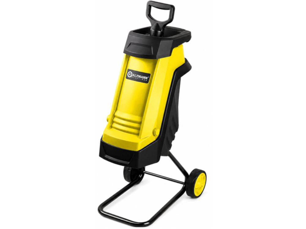Rozdrabniacz do gałęzi KALTMANN K-RDG-2400 elektryczny 2400W średnica cięcia 45mm, bezpieczeństwo, ochrona, przeciążenie, obudowa, Rozdrabniacz ogrodowy na kółkach zaprezentowany na białym tle.