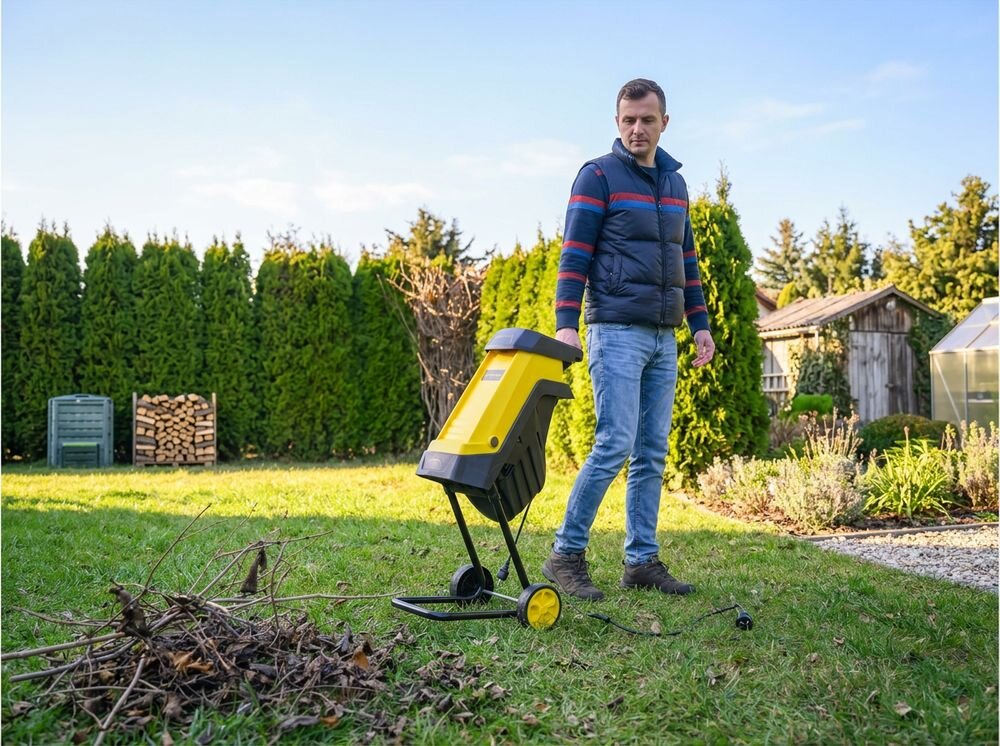 Rozdrabniacz do gałęzi KALTMANN K-RDG-2400 elektryczny 2400W średnica cięcia 45mm, koła, transport, mobilność, stabilność, Mężczyzna ciągnący rozdrabniacz ogrodowy po trawniku.