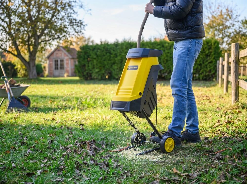 Rozdrabniacz do gałęzi KALTMANN K-RDG-2400 elektryczny 2400W średnica cięcia 45mm, kompost, zrębki, nawóz, ekologia, Mężczyzna rozdrabniający grubą gałąź w ogrodzie na trawie.