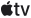 Logo przedstawia stylizowane jabłko z literami \'tv\' obok niego, wszystko w kolorze czarnym.