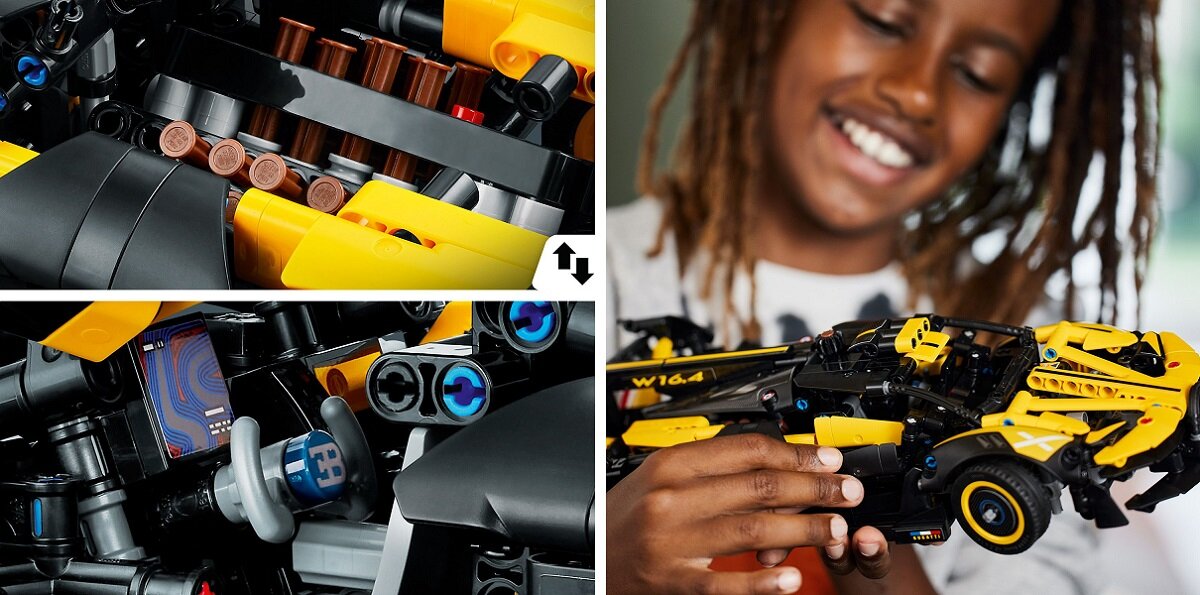 Zdjęcie przedstawia szczegóły modelu LEGO Technic w kolorach czarnym i żółtym, z widocznymi elementami konstrukcyjnymi i napisami \'W16 4\'. Obok osoba trzymająca złożony model samochodu, uśmiechnięta.