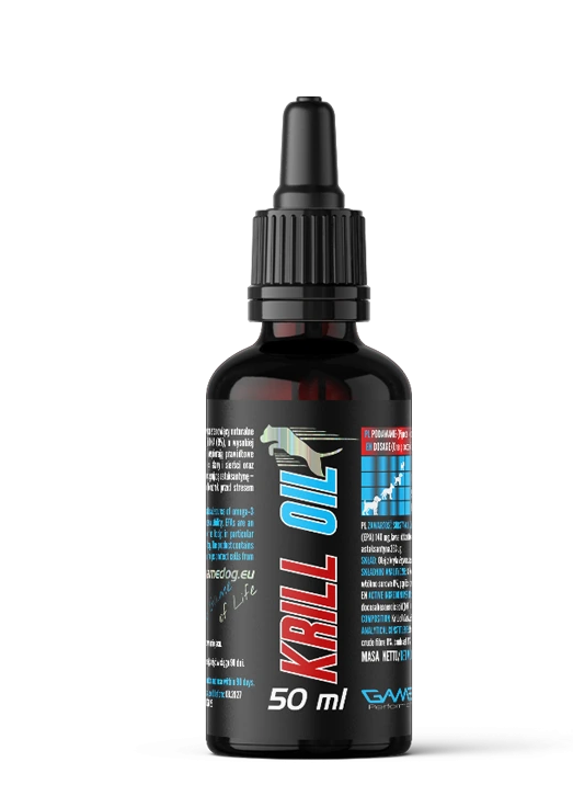 Czarna butelka z zakraplaczem zawiera etykietę z napisem \'KRILL OIL 50 ml\'. Na etykiecie widoczne są również informacje o produkcie oraz logo \'Game Dog\'.
