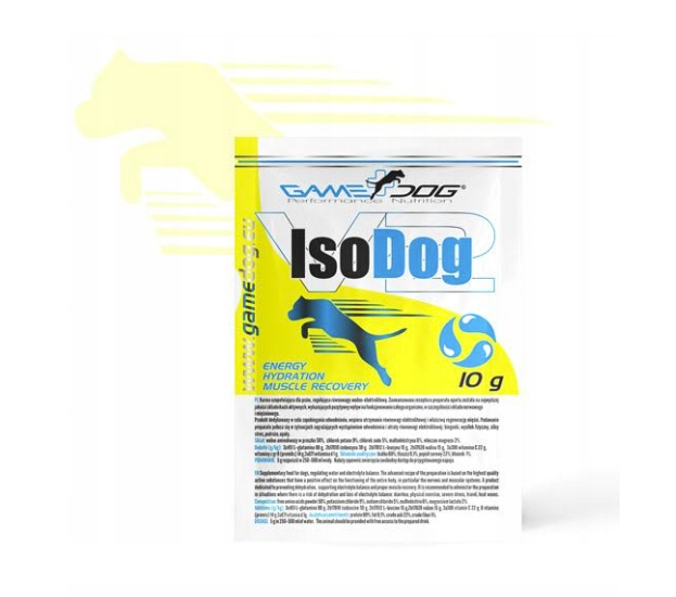Opakowanie produktu Game Dog ISODOG V2 z napisem \'IsoDog\' oraz grafiką psa w ruchu. Widoczny tekst: \'ENERGY HYDRATION MUSCLE RECOVERY\' i \'10 g\'.
