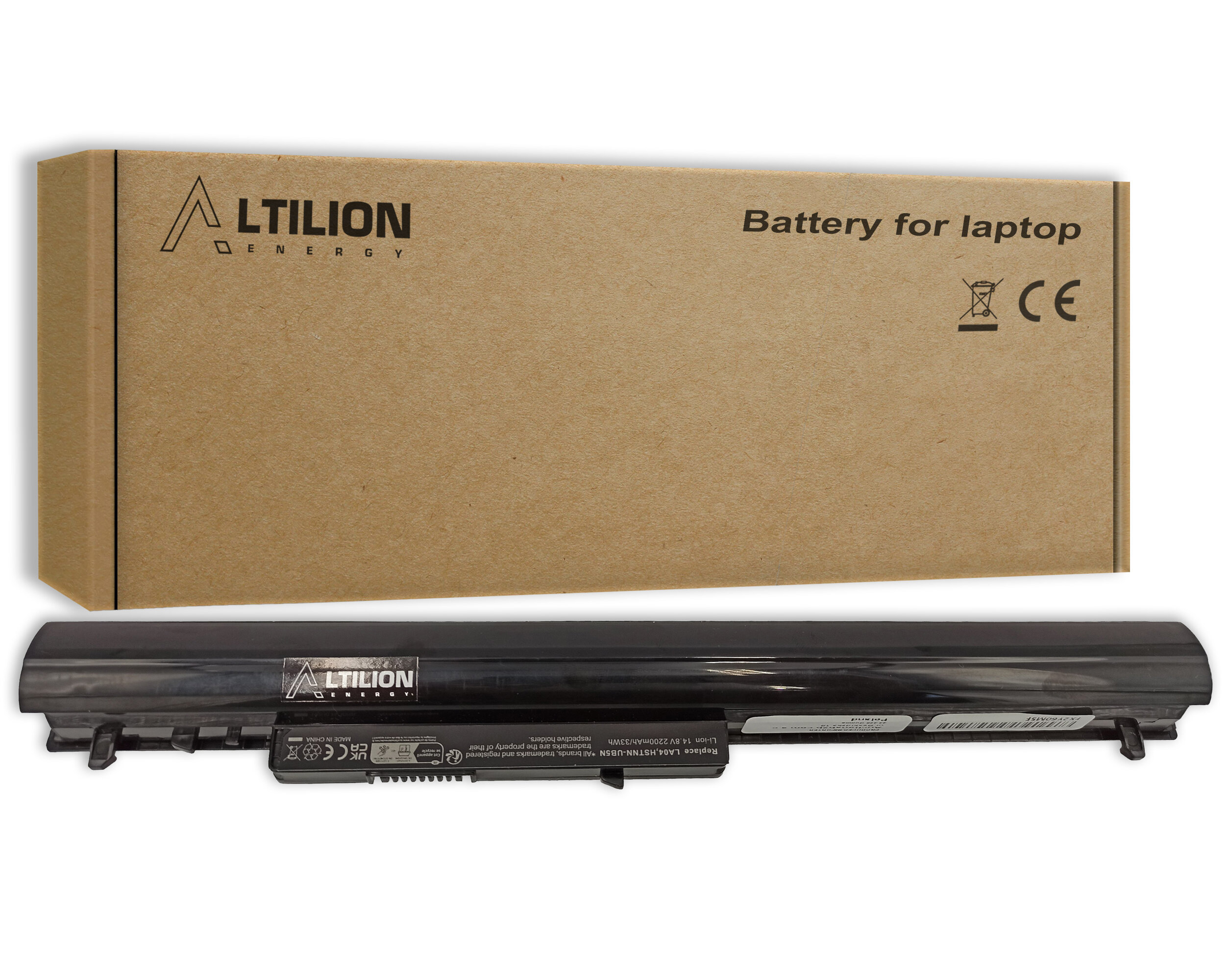 Na obrazie widoczna jest bateria do laptopa z logo \'Altilion Energy\' oraz pudełko z napisem \'Battery for laptop\'.