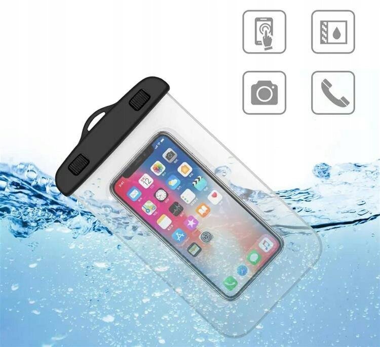 Na obrazie widoczny jest przezroczysty pokrowiec wodoodporny z czarnym zapięciem, w którym znajduje się telefon z kolorowym ekranem. W tle widać wodę, a obok pokrowca znajdują się cztery ikony przedstawiające funkcje dotykowe, wodoodporność, aparat i telefon.