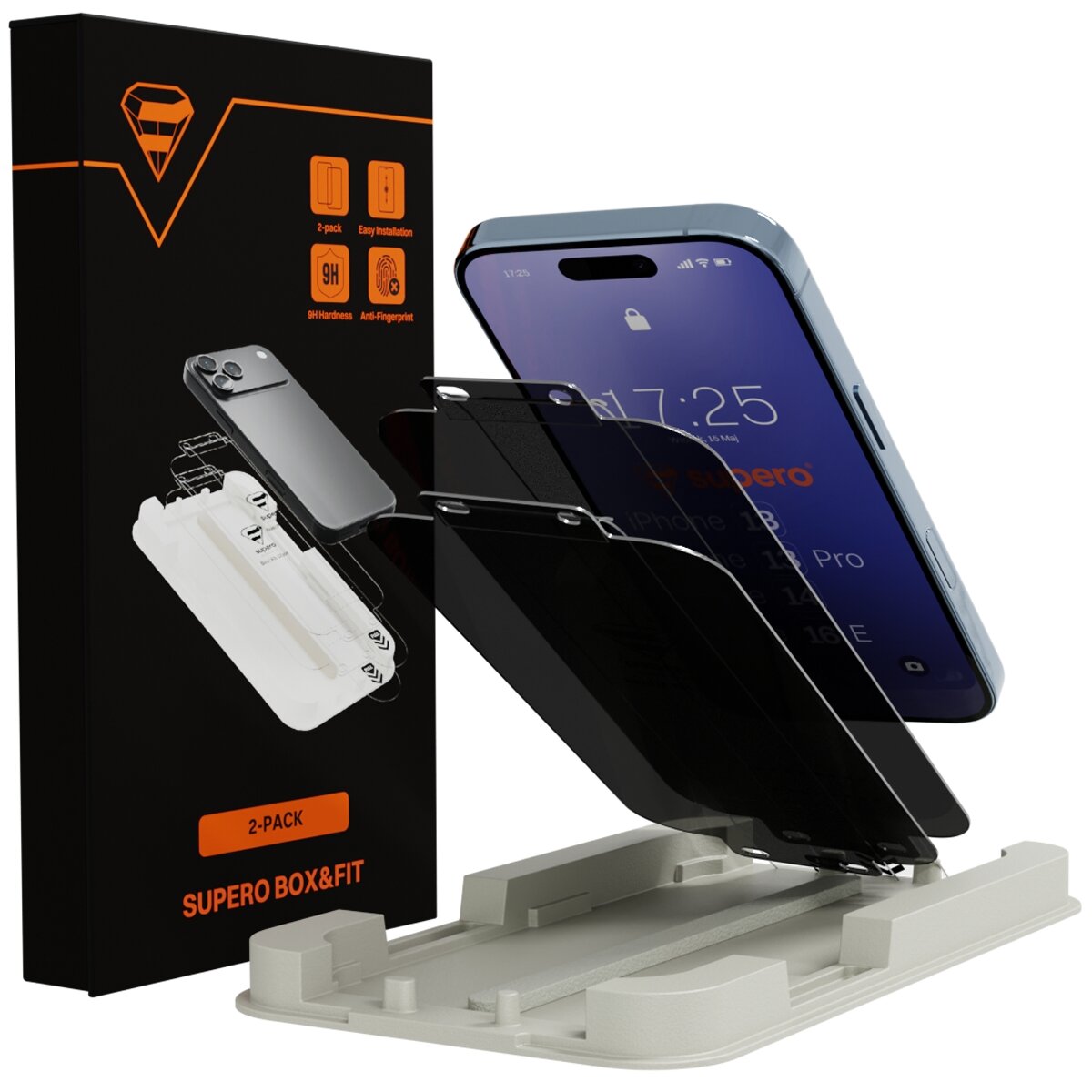 Na obrazie widoczny jest telefon z nałożonym szkłem ochronnym oraz opakowanie produktu z napisem \'2-PACK SUPER BOX&FIT\'. Obok znajduje się aplikator do montażu szkła.