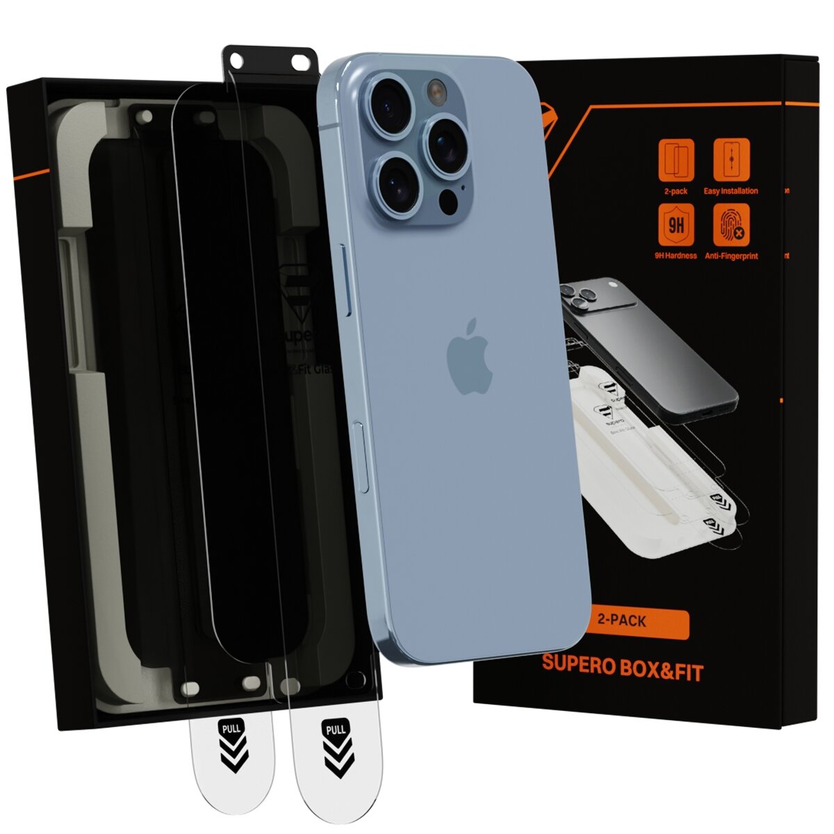 Na obrazie widoczny jest telefon z trzema aparatami oraz opakowanie z napisem \'2-PACK SUPER0 BOX&FIT\'. Obok telefonu znajdują się dwa szkła ochronne z etykietami \'PULL\'.