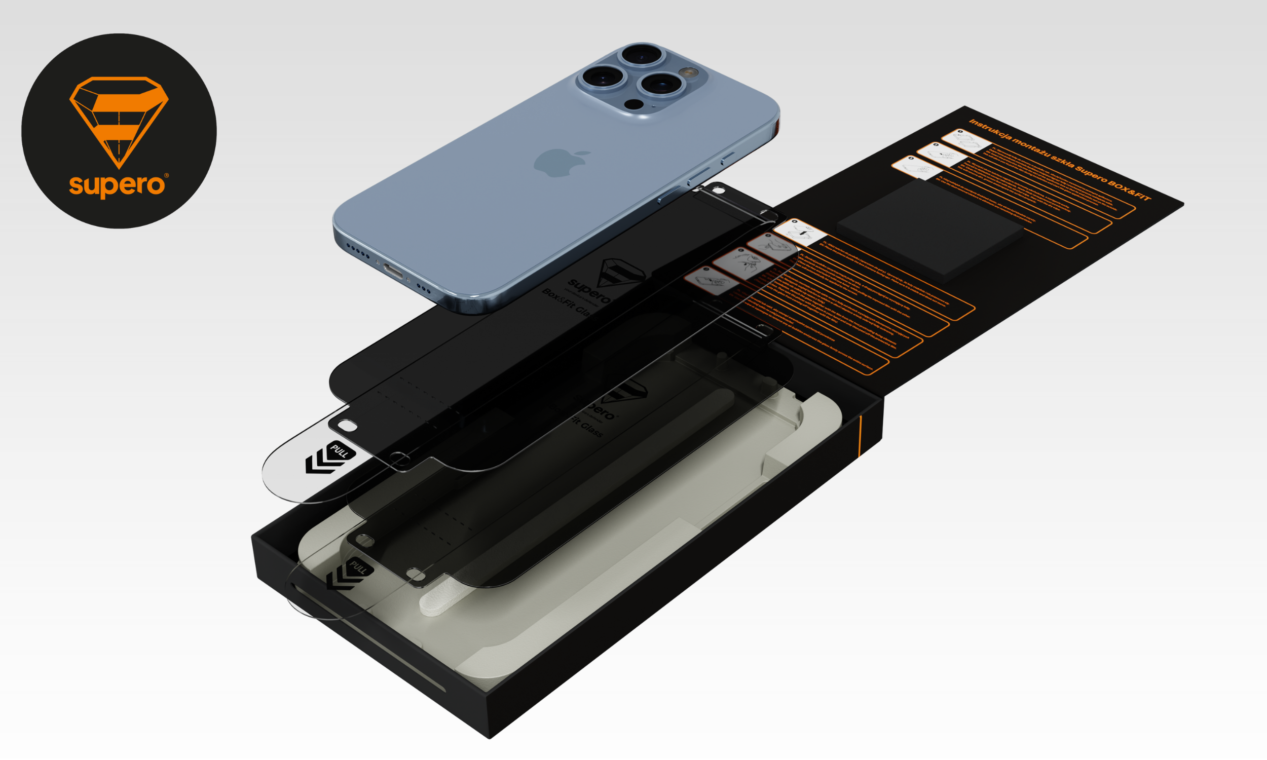 Na obrazie widoczny jest telefon z trzema aparatami oraz zestaw szkła prywatyzującego z aplikatorem. Logo \'supero\' znajduje się w lewym górnym rogu.