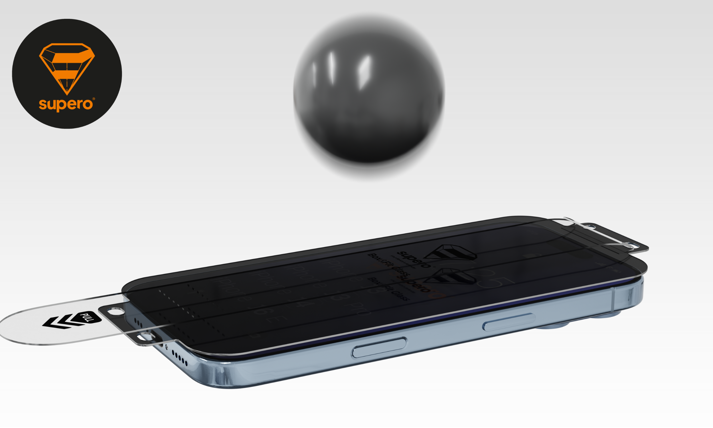 Na obrazie widoczny jest telefon z nałożonym szkłem ochronnym oraz logo \'supero\' w lewym górnym rogu. W tle znajduje się ciemna kula, a tło jest jasnoszare.